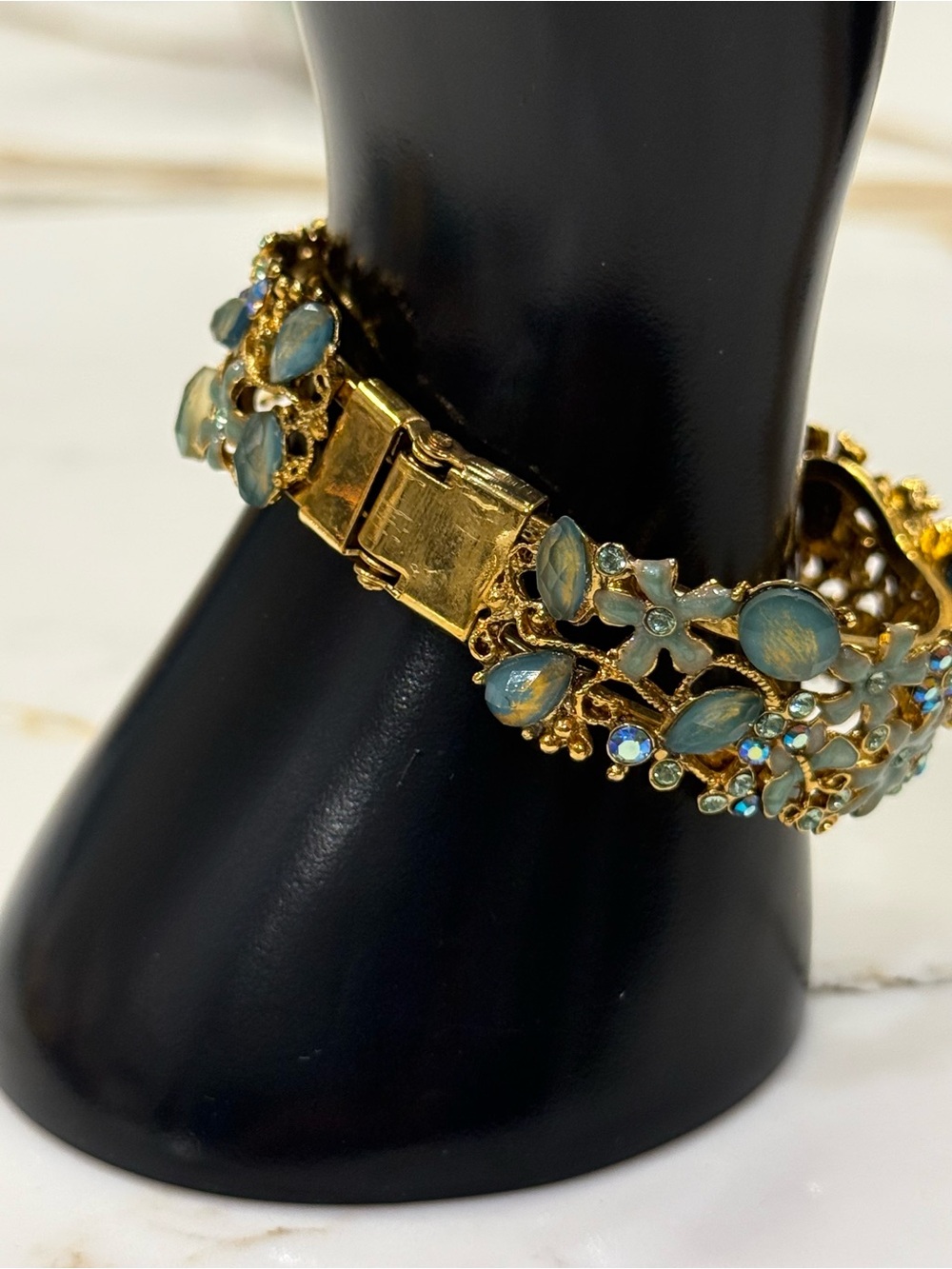 Gold-Tone Blue Floral Crystal Hinged Bangle Bracelet - Picture 5 of 6